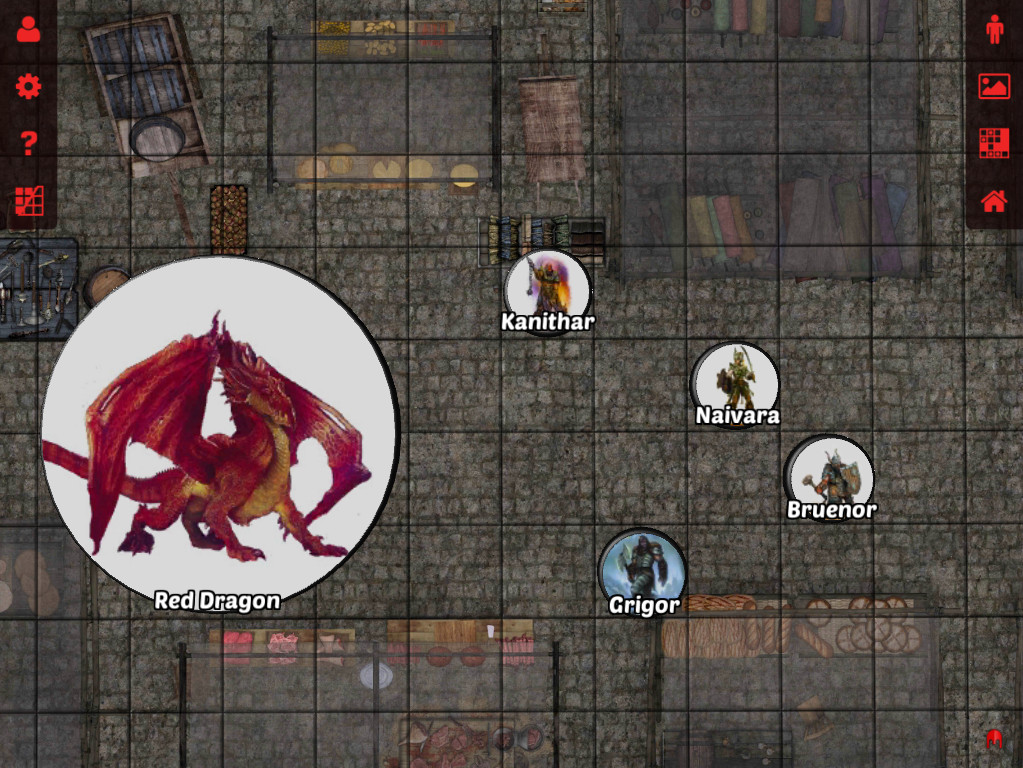Top-down view of a dragon facing off against the party in a marketplace in 3D Virtual Tabletop
